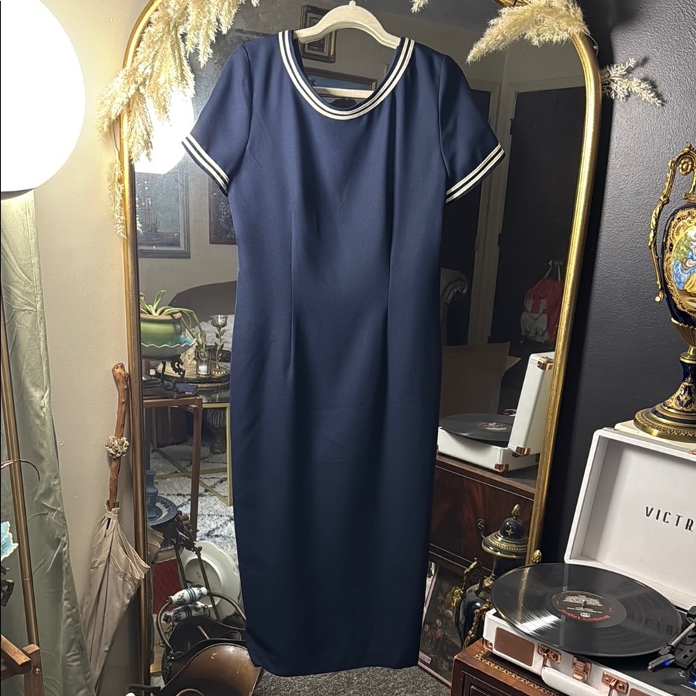 Maggy London Vintage Sailor Navy Blue Dress V Plunge Back